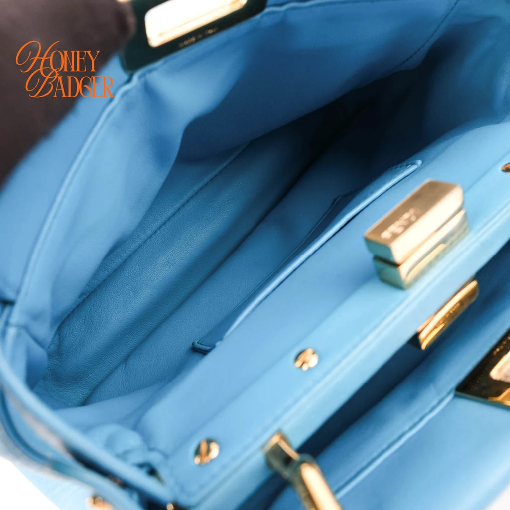 Fendi Peekaboo Mini Calfskin Leather Blue Gold Hardware Rank AB