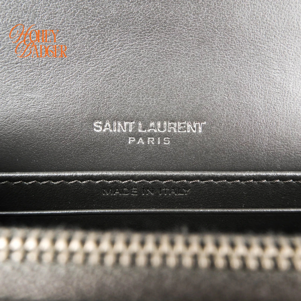 Saint Laurent Sunset Mini Chain Wallet Crocodile-Embossed Calfskin Grey Silver Hardware Rank A