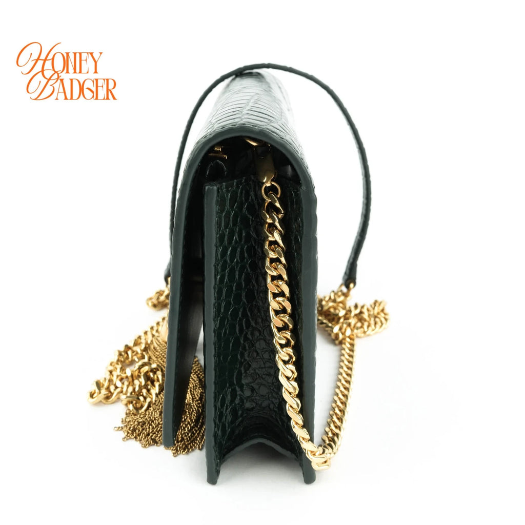 Saint Laurent Kate Tassel Small Croc-Embossed Leather Green Rank A