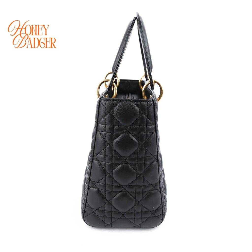 Dior Lady Dior Medium Cannage Lambskin Black Pale Gold Hardware Rank A