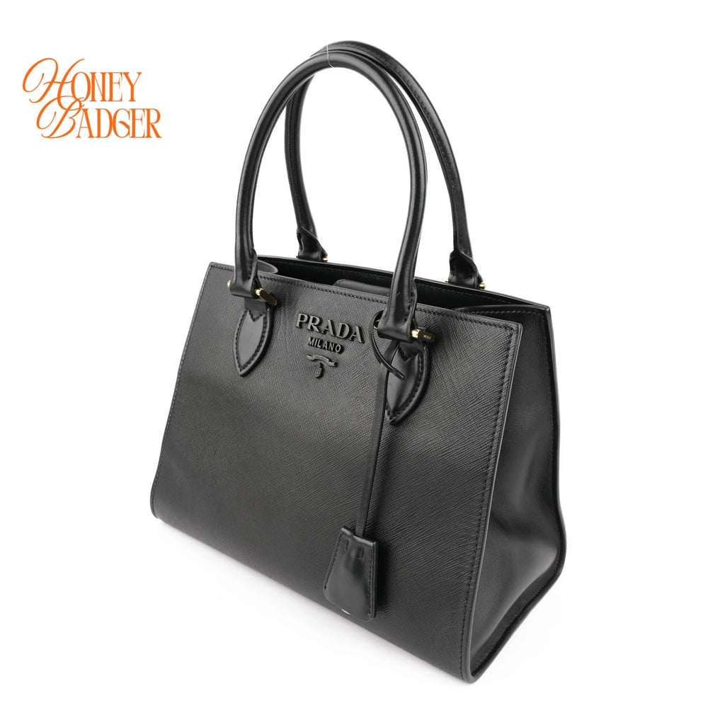 Prada Saffiano Logo Tote Black Leather 2WAY Shoulder Bag
