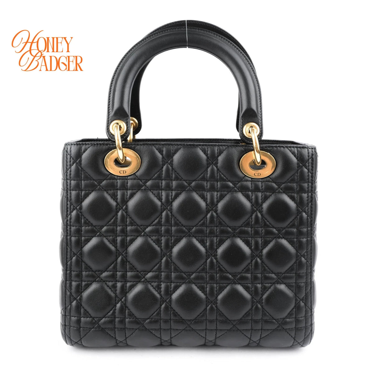 Dior Lady Dior Medium Cannage Lambskin Black Pale Gold Hardware Rank A