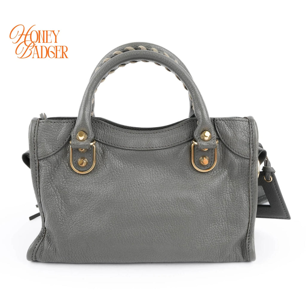 Balenciaga Classic Mini City Grey Leather 2WAY Handbag Gold Edge Studs 390160