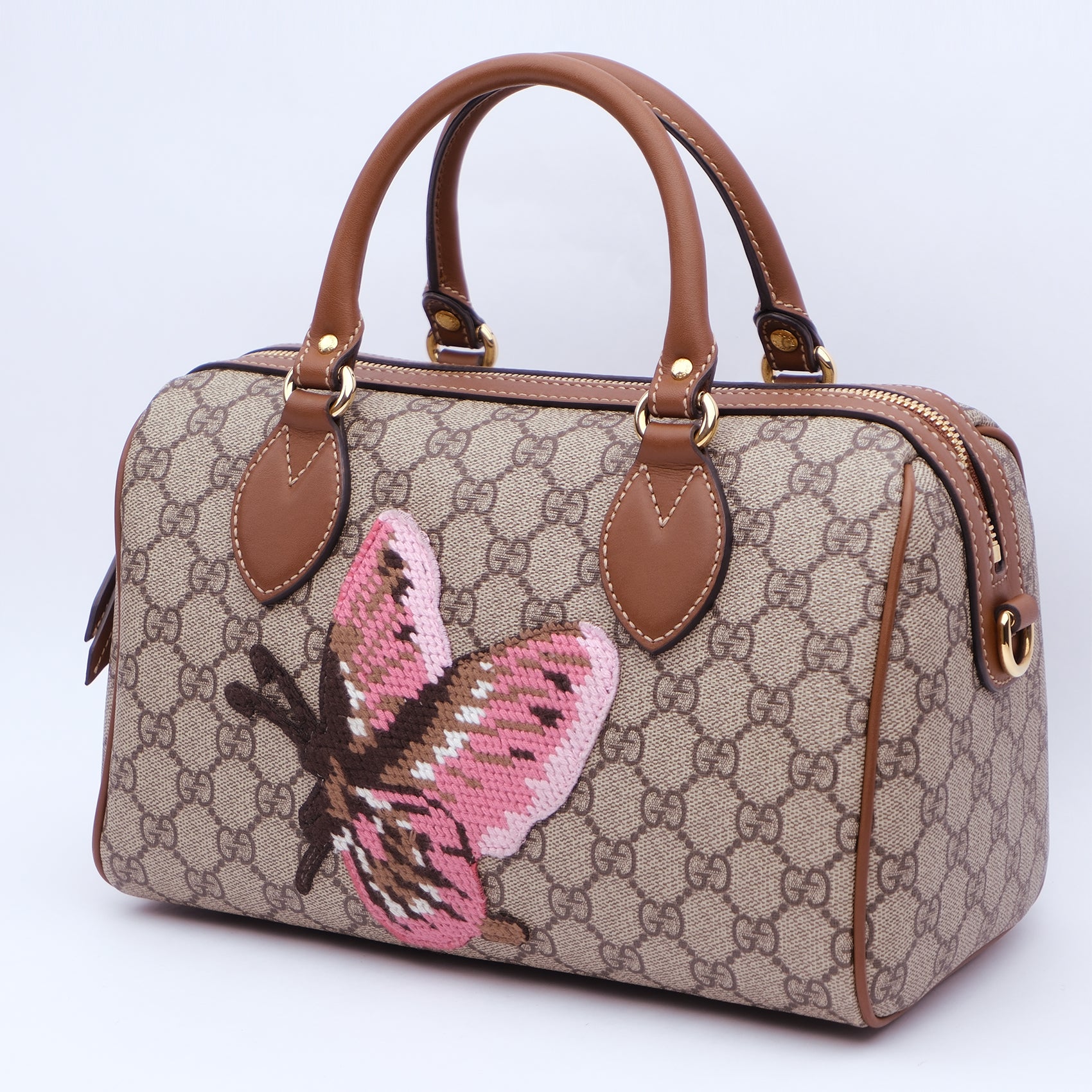 Gucci GG Supreme Linea A Boston Bag With Butterfly Embroidery