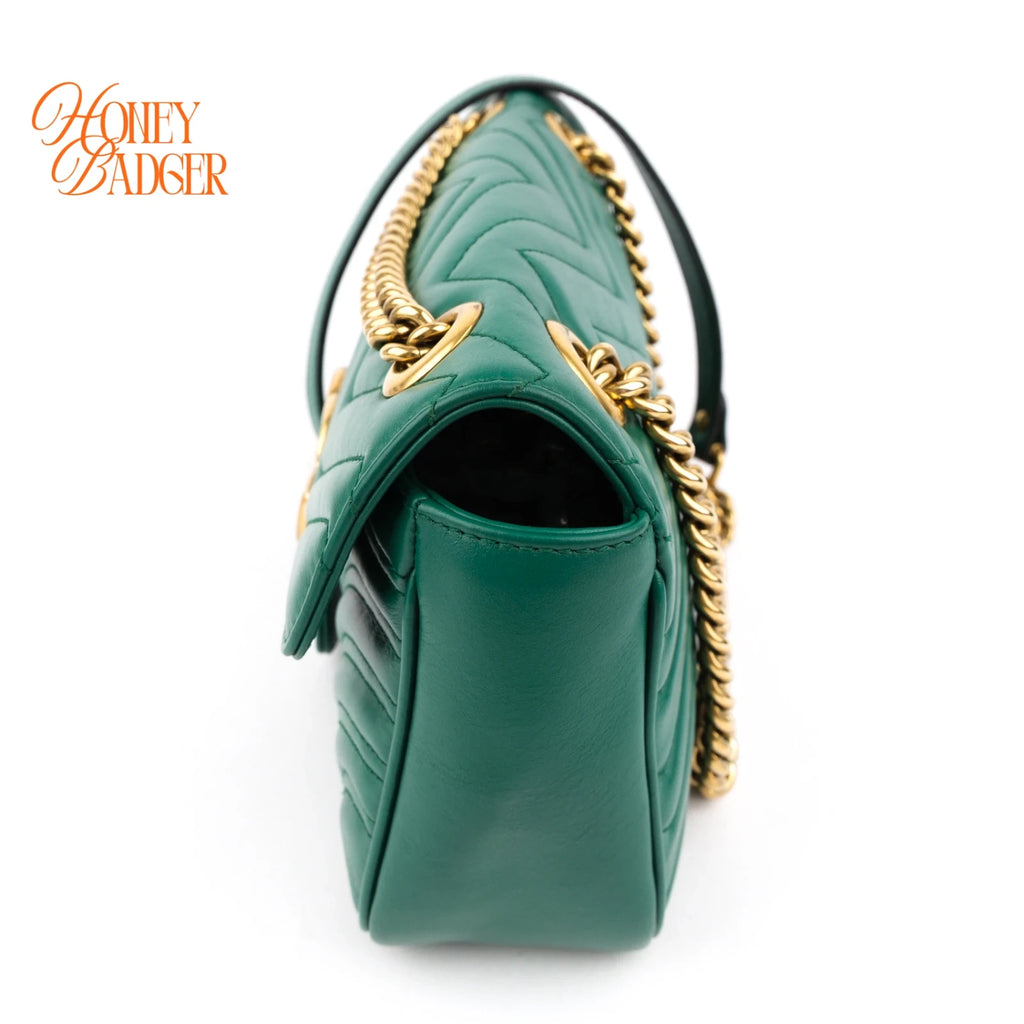 Gucci GG Marmont Small Matelassé Leather Green Antique Gold Hardware Rank A