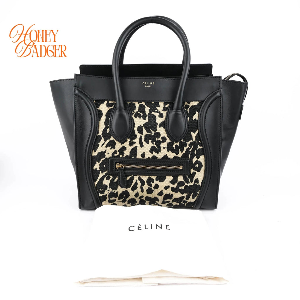 Celine Luggage Mini Shopper Leopard Print Canvas Black Calfskin Gold Hardware Rank AB
