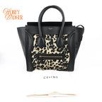 Celine Luggage Mini Shopper Leopard Print Canvas Black Calfskin Gold Hardware Rank AB