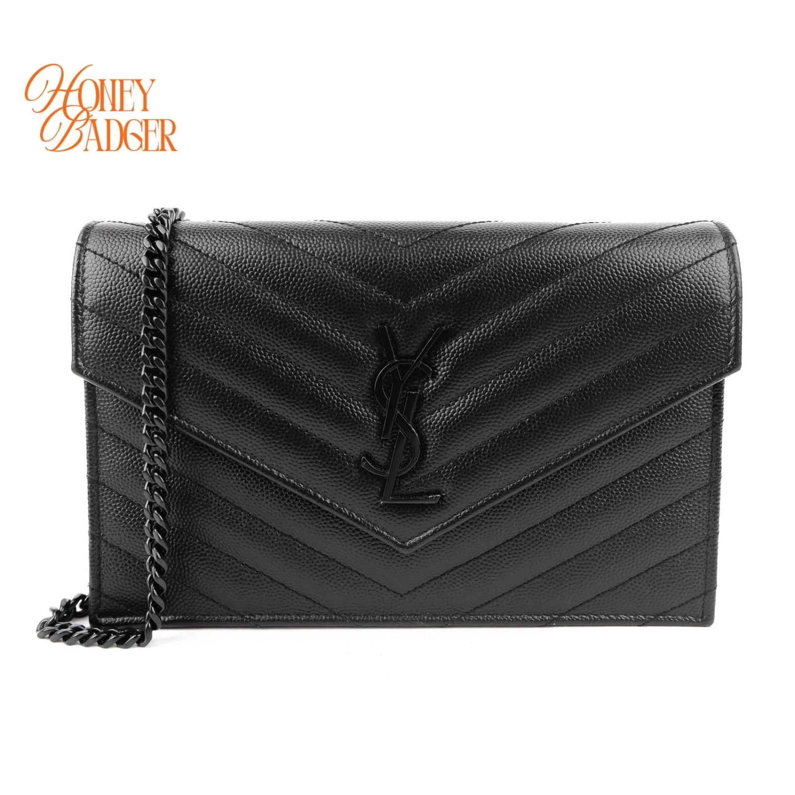 Saint Laurent Cassandre Envelope Chain Wallet Grain de Poudre Leather Black Matte Black Hardware Rank A