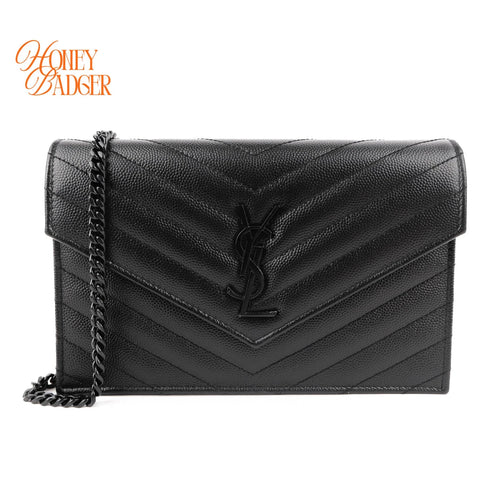 Saint Laurent Cassandre Envelope Chain Wallet Grain de Poudre Leather Black Matte Black Hardware Rank A