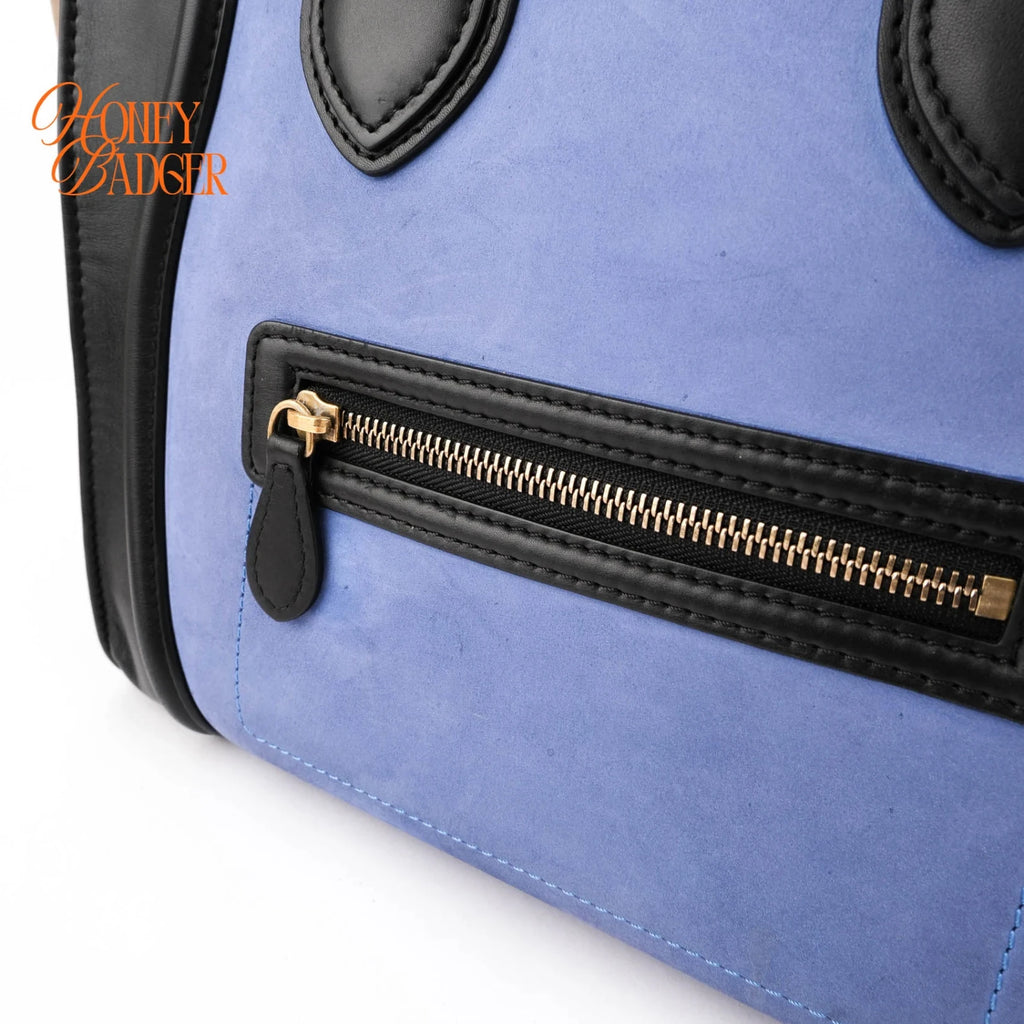 Celine Mini Luggage Tri-Color Nubuck & Calfskin Royal Blue Grey Black Gold Hardware Rank AB