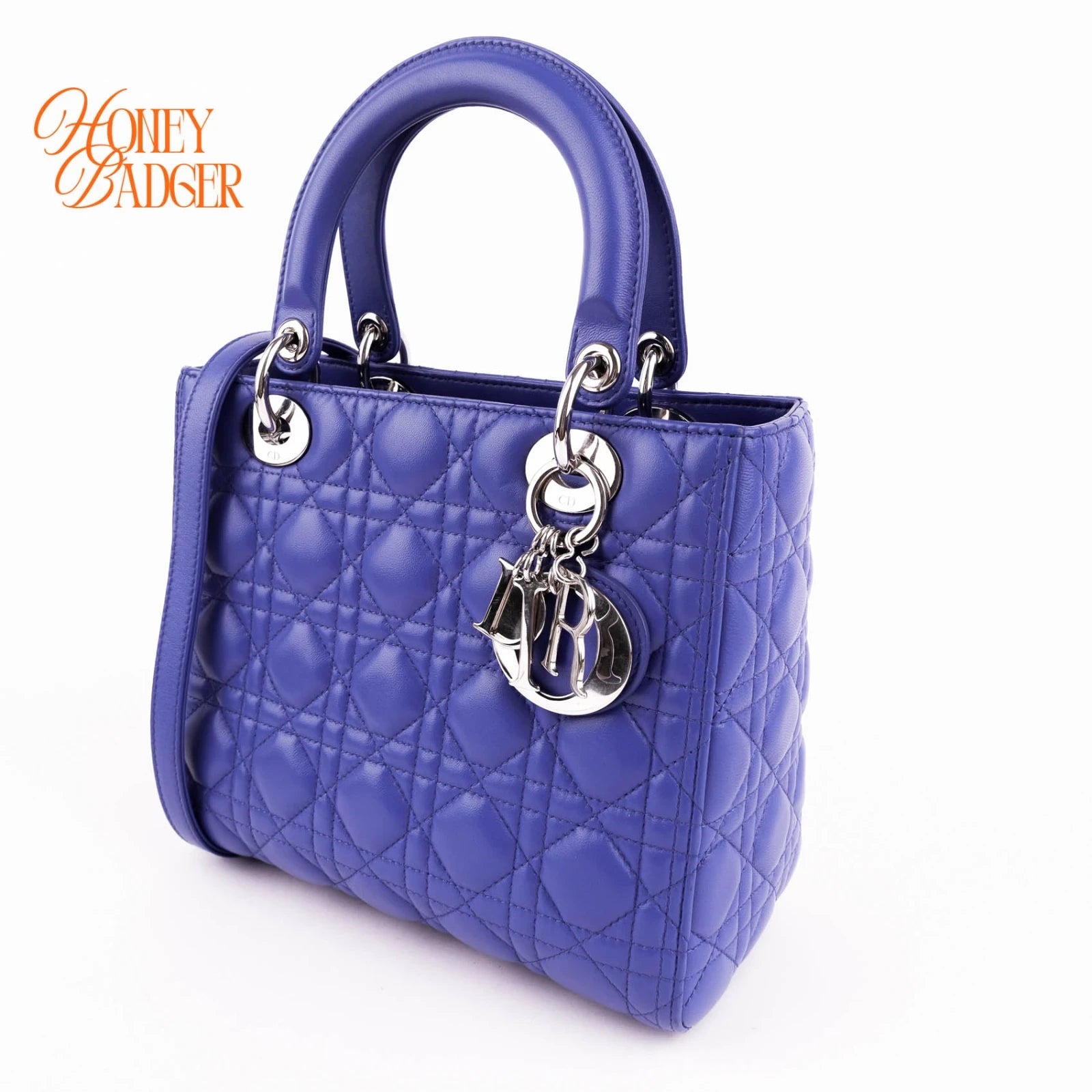 Dior Lady Dior Medium in blue lambskin, Grade A condition.