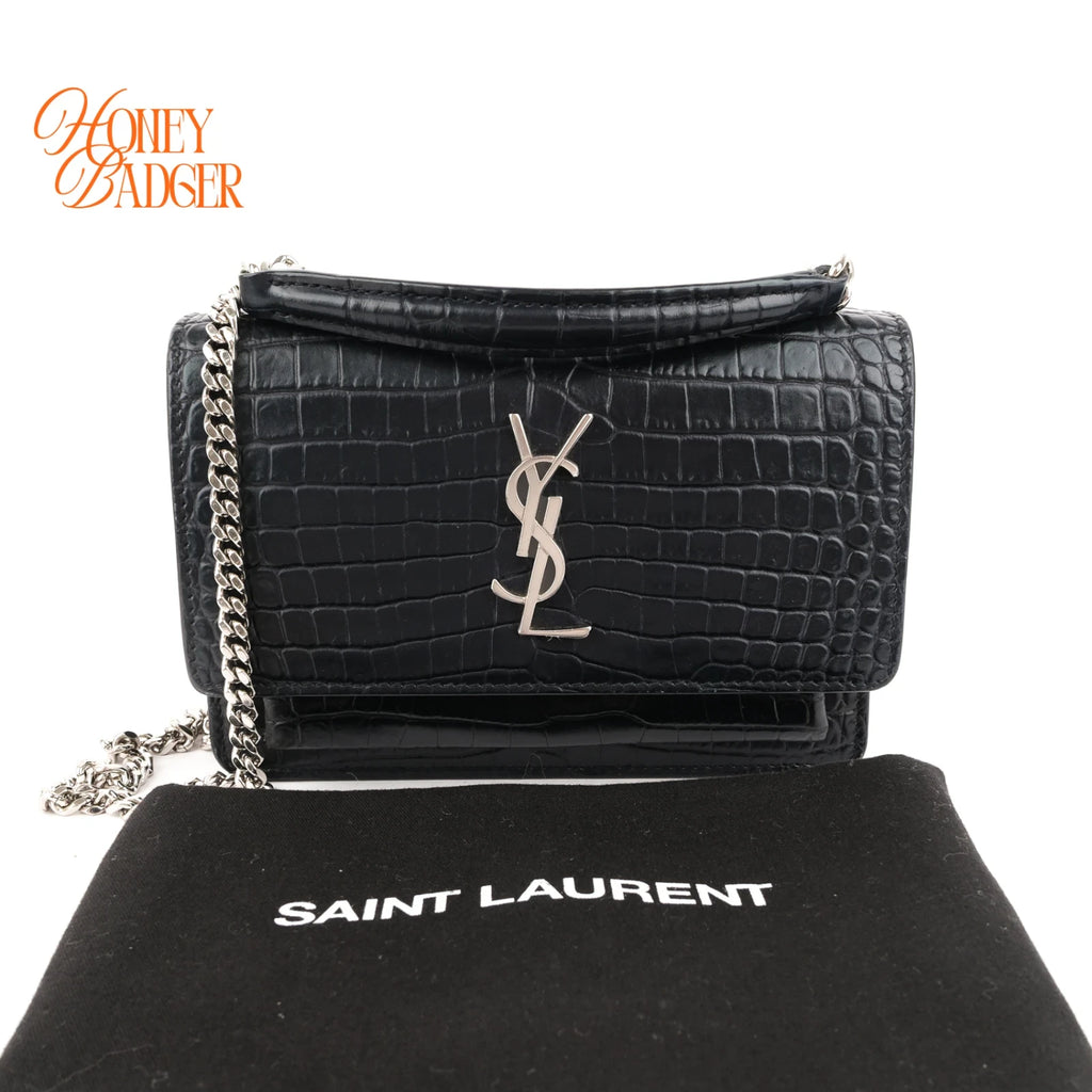 Saint Laurent Sunset Mini Croc-Embossed Leather Navy Rank A