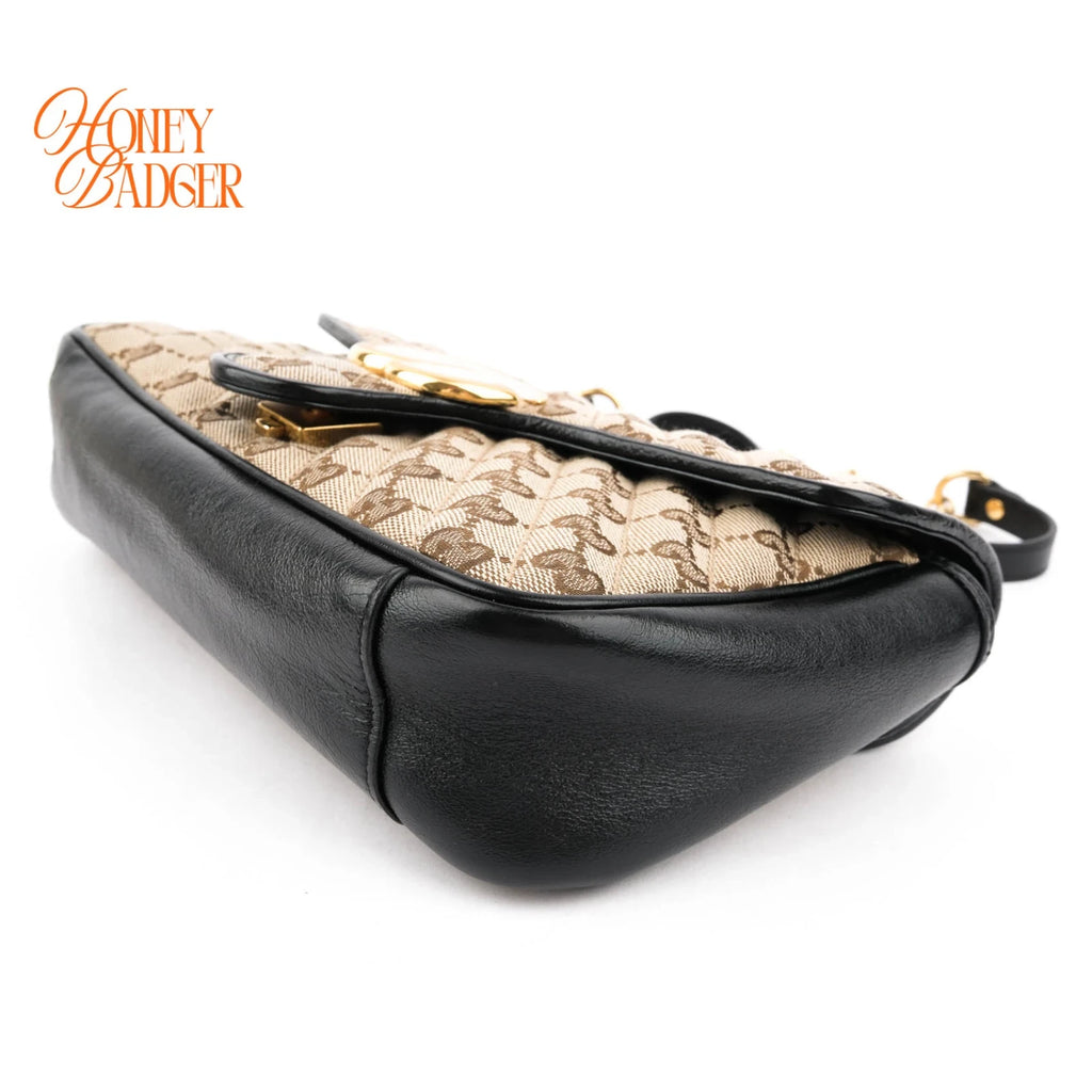 Gucci GG Marmont Small Shoulder Bag Original GG Canvas Beige/Ebony Black Leather Gold Hardware Rank A