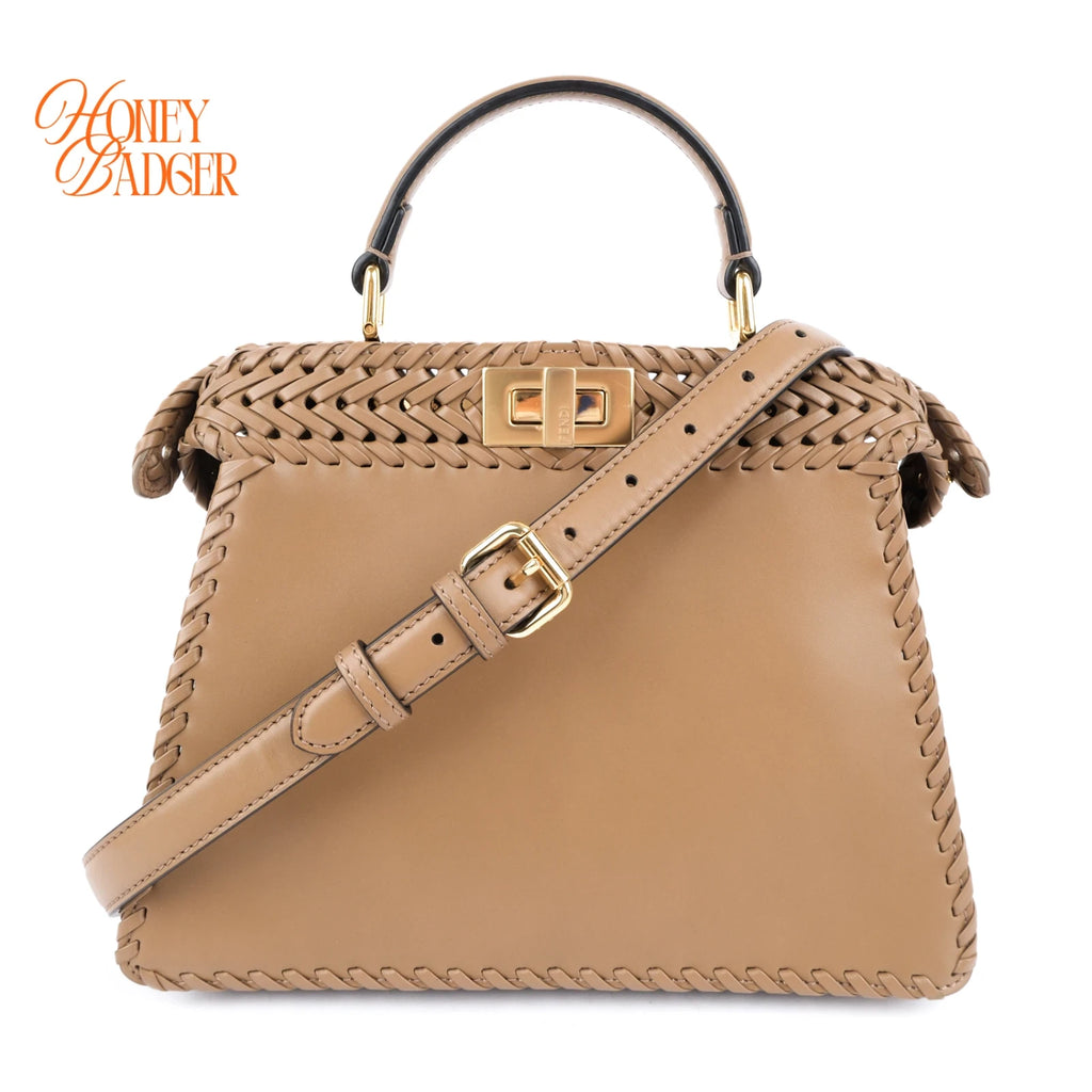 Fendi Peekaboo ISeeU Small Beige Leather Woven Detail 2-Way Bag Rank A