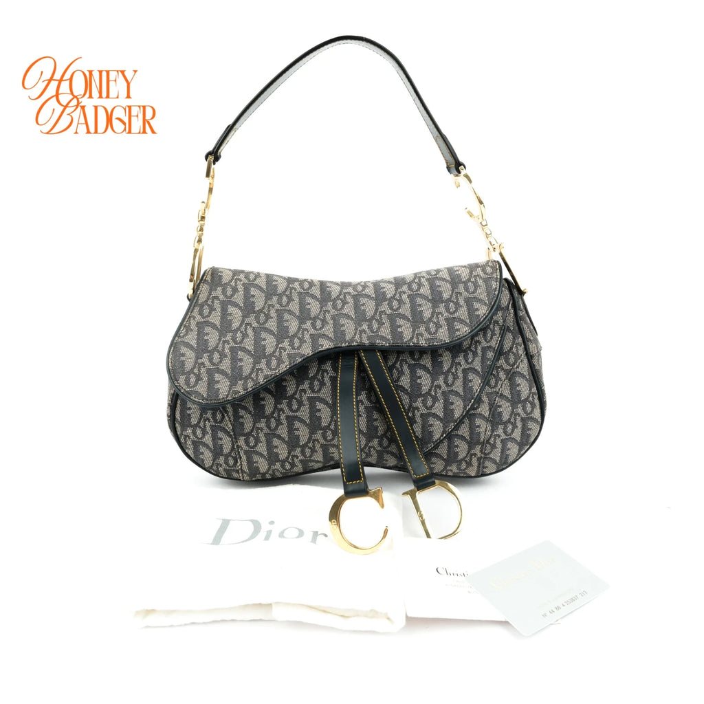 Dior Vintage Double Saddle Bag Oblique Canvas Navy Gold Hardware Rank A