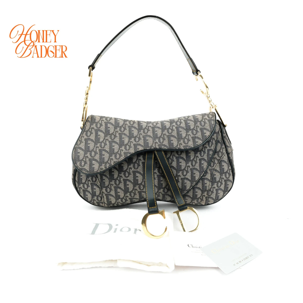 Dior Vintage Double Saddle Bag Oblique Canvas Navy Gold Hardware Rank A