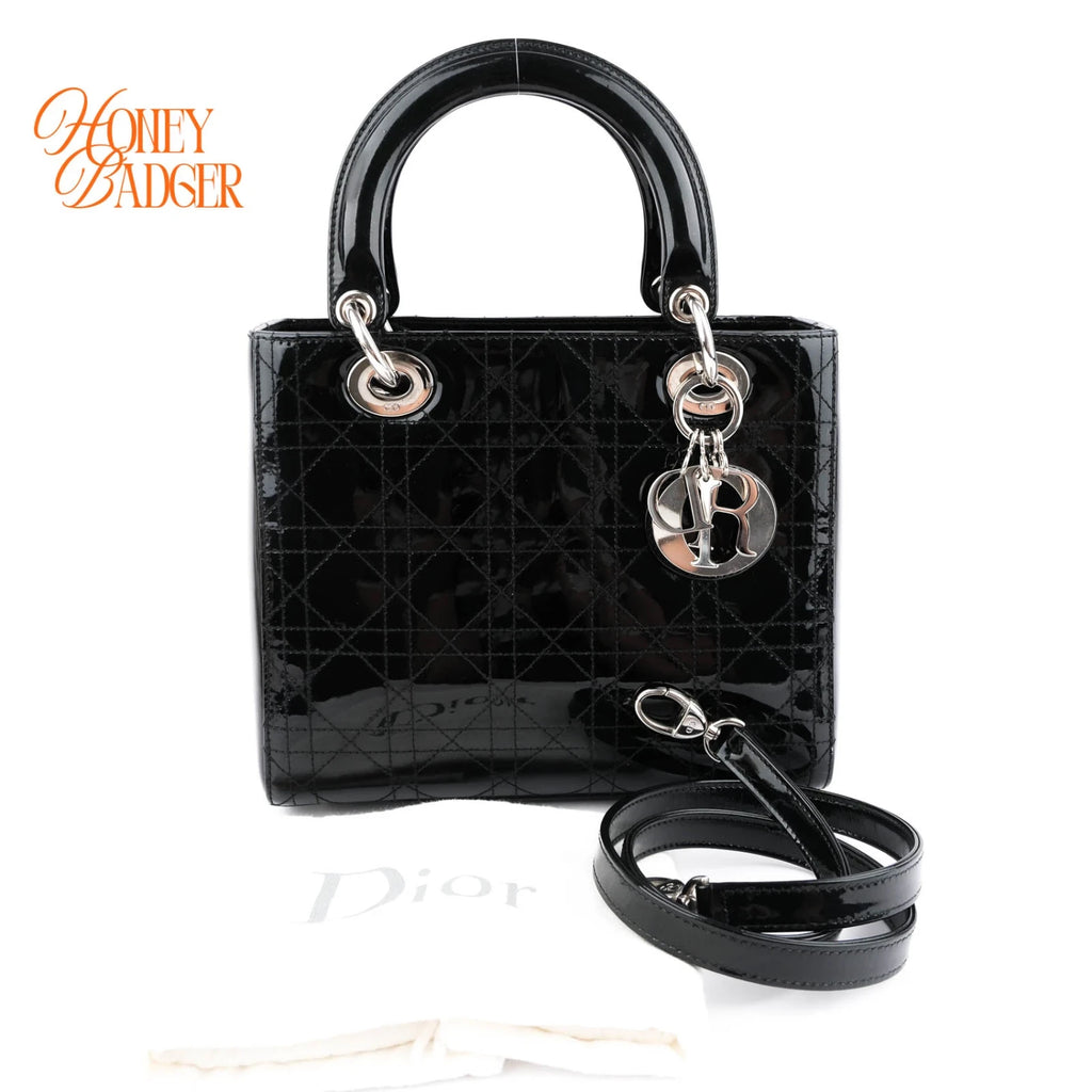 Dior Lady Dior Medium Patent Leather Black Silver Hardware Rank A