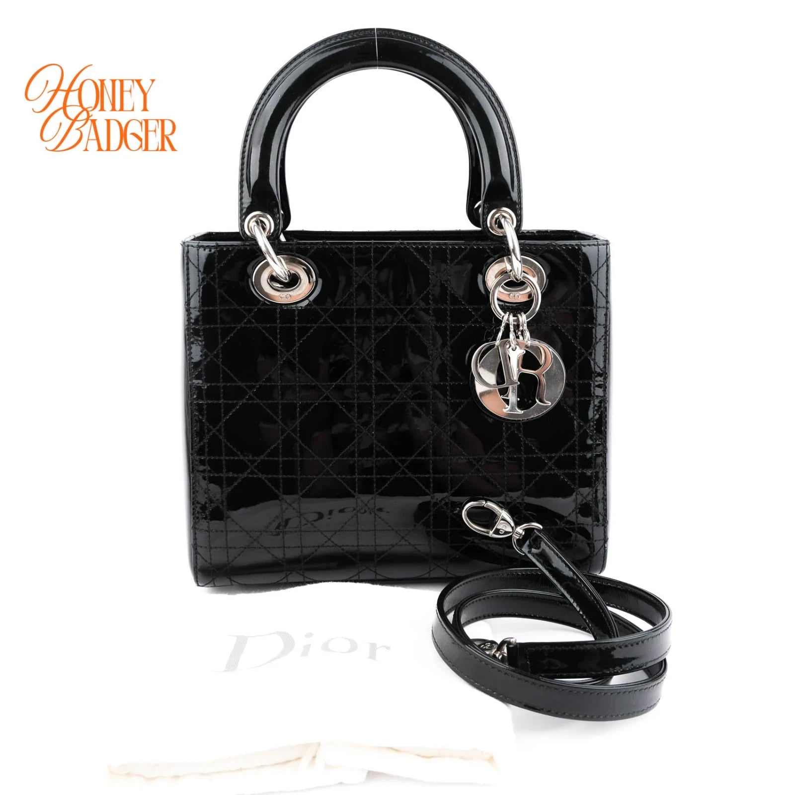 Dior Lady Dior Medium Patent Leather Black Silver Hardware Rank A