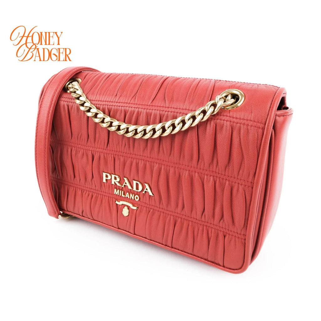 Prada Gauffre Ruched Leather Chain Flap Shoulder Bag Red Gold Hardware