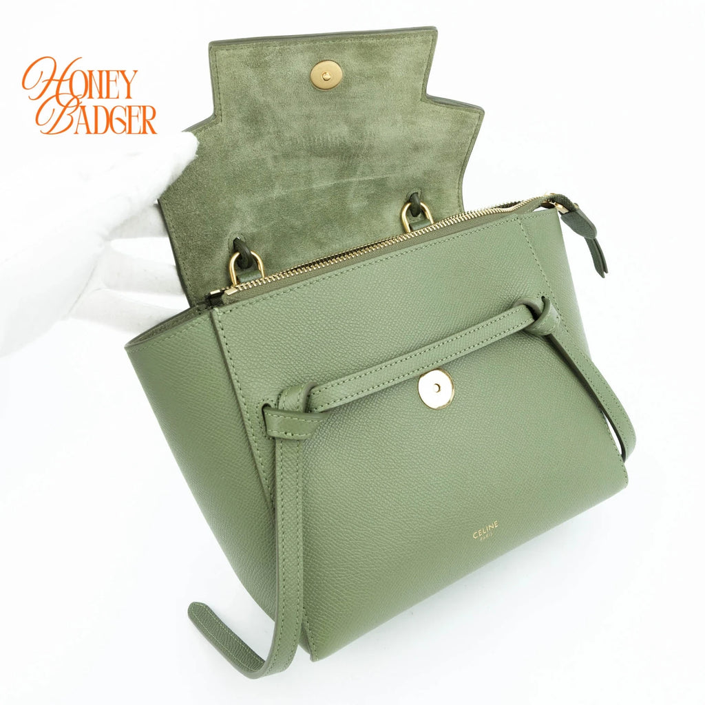 Celine Belt Bag Nano Grained Calfskin Sage Green Gold Hardware Rank A
