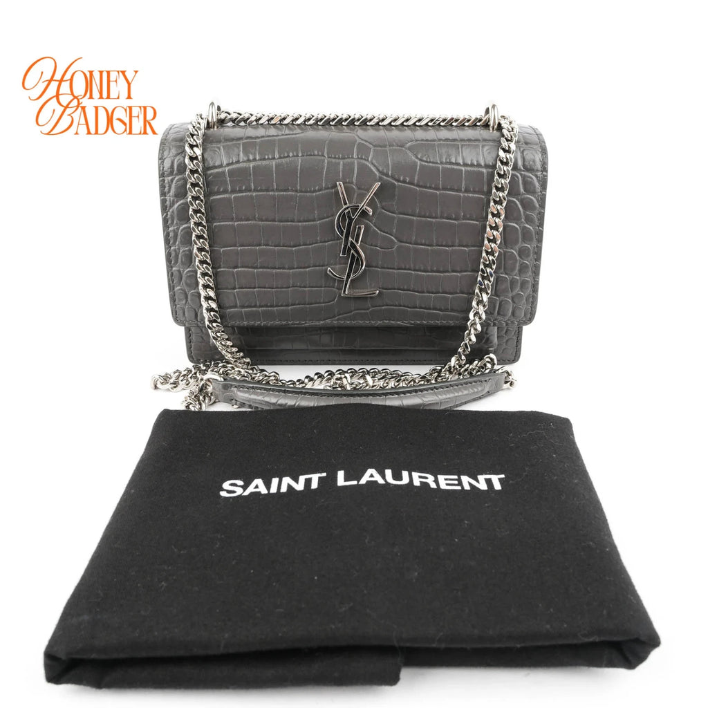 Saint Laurent Sunset Mini Chain Wallet Crocodile-Embossed Calfskin Grey Silver Hardware Rank A