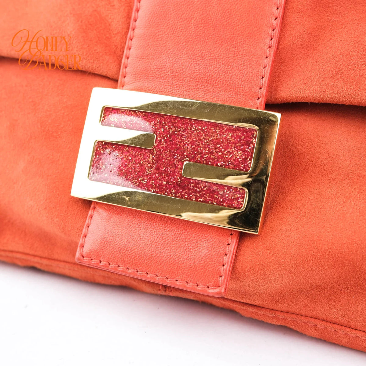 Fendi Baguette Suede Orange Glitter FF Buckle Gold Hardware Rank AB