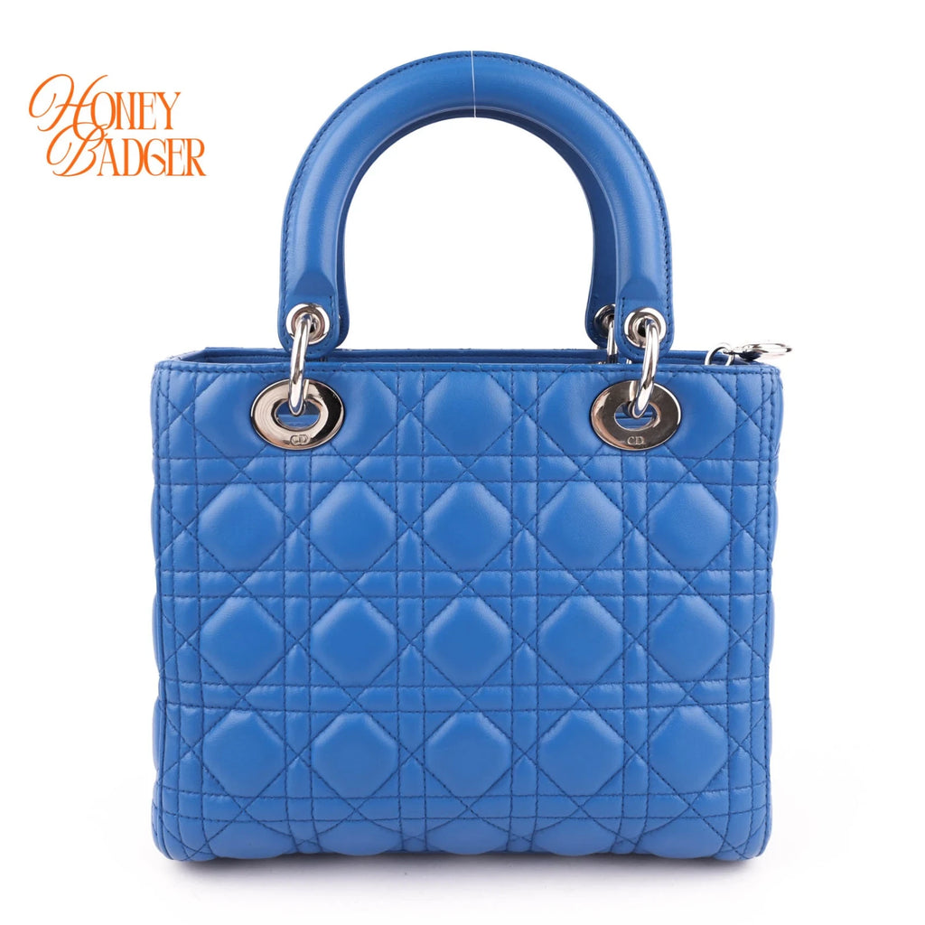 Dior Lady Dior Medium Lambskin Blue Silver Hardware Rank A