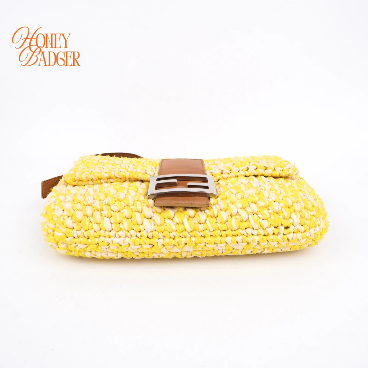 Fendi Mamma Baguette Raffia Crochet Yellow Brown Shoulder Bag Rank AB