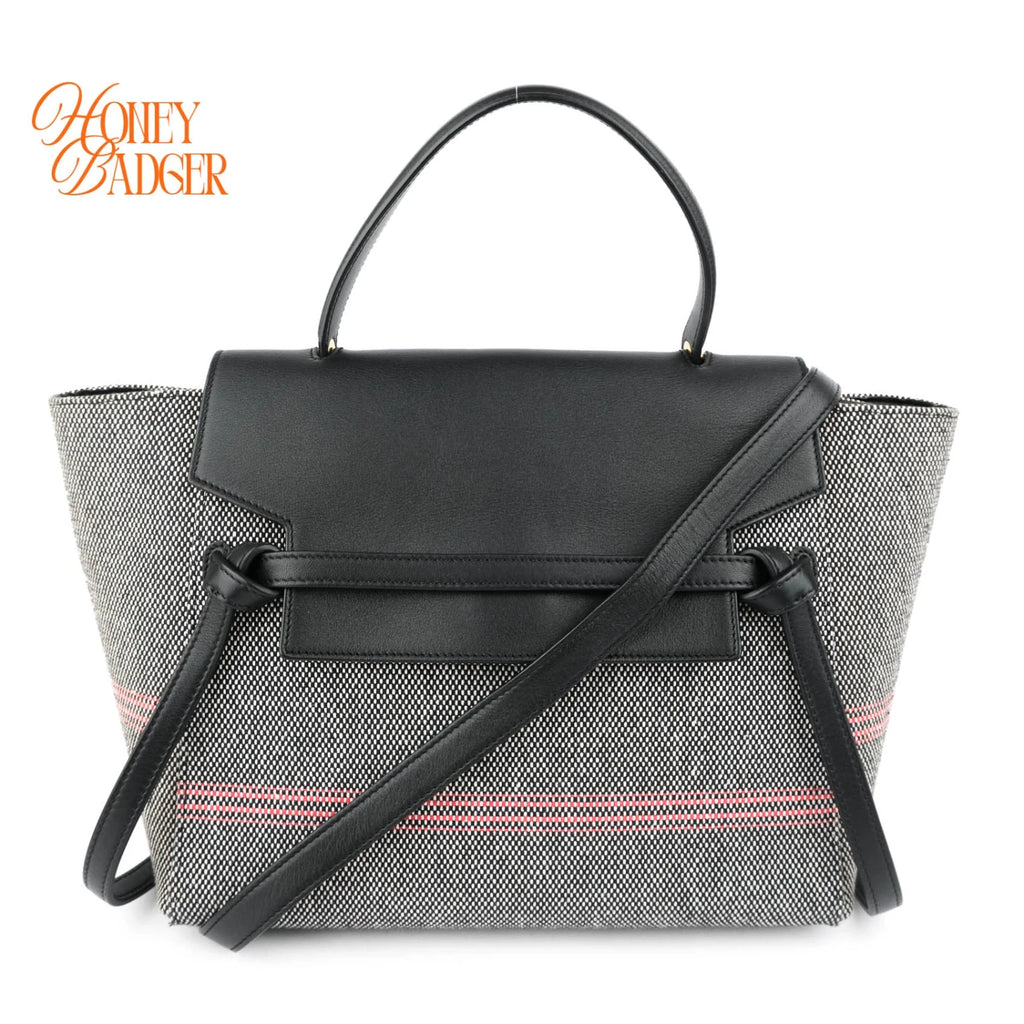 Celine Belt Bag Mini Striped Cotton Canvas Black Calfskin Gold Hardware Rank AB