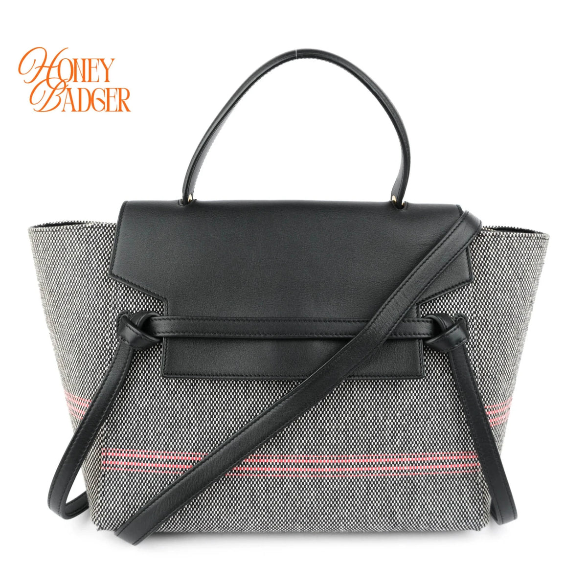 Celine Belt Bag Mini Striped Cotton Canvas Black Calfskin Gold Hardware Rank AB