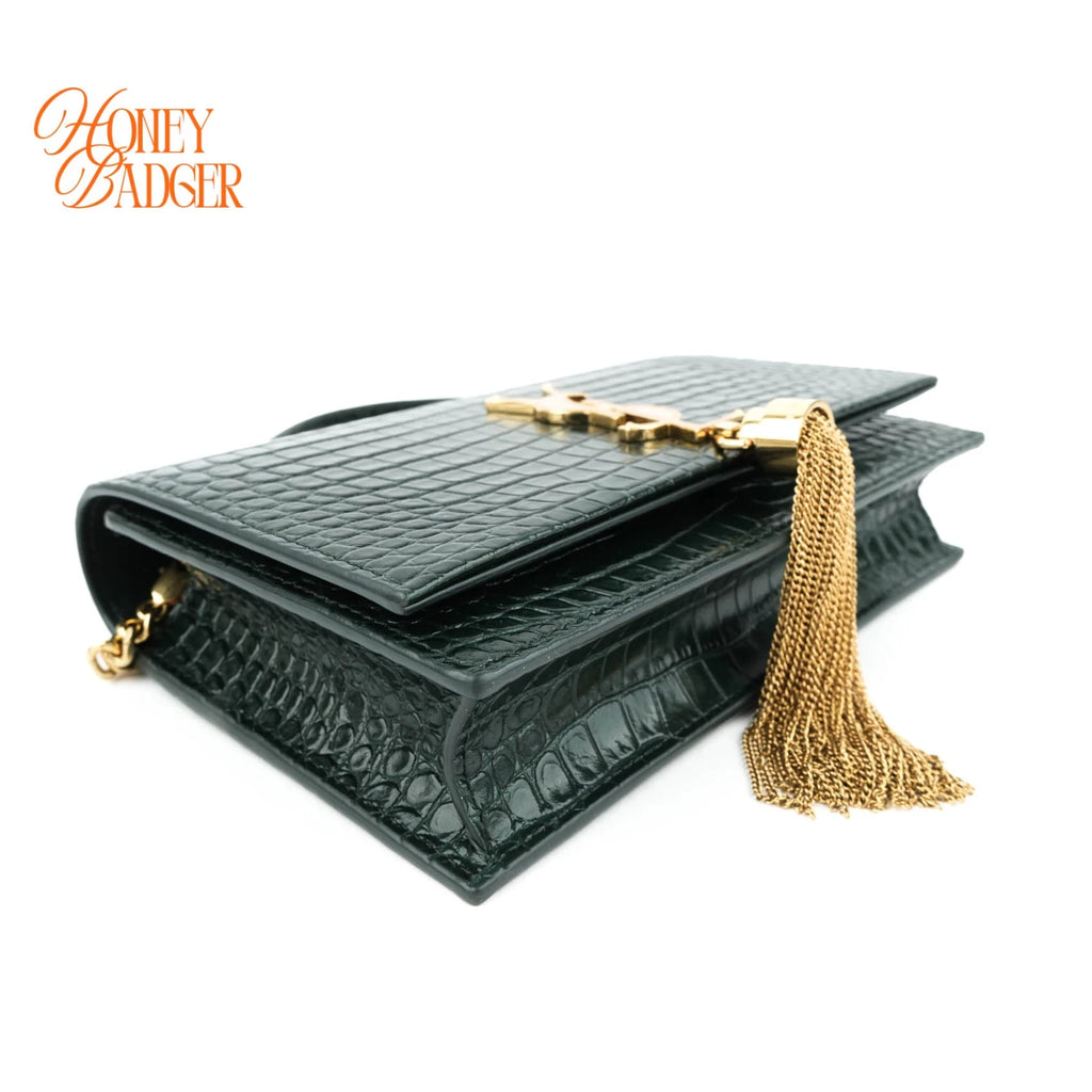 Saint Laurent Kate Tassel Small Croc-Embossed Leather Green Rank A