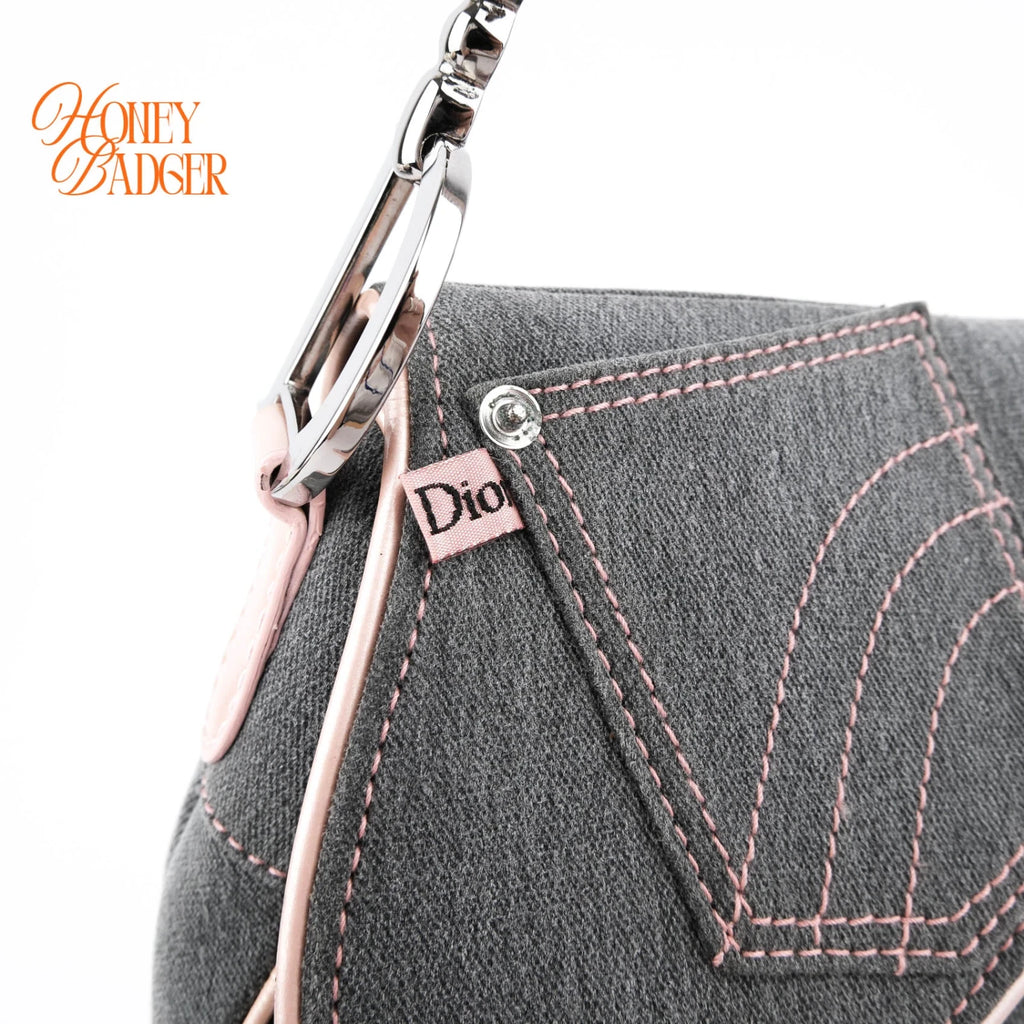Dior Saddle Large Denim and Patent Leather Grey Pink Rank A