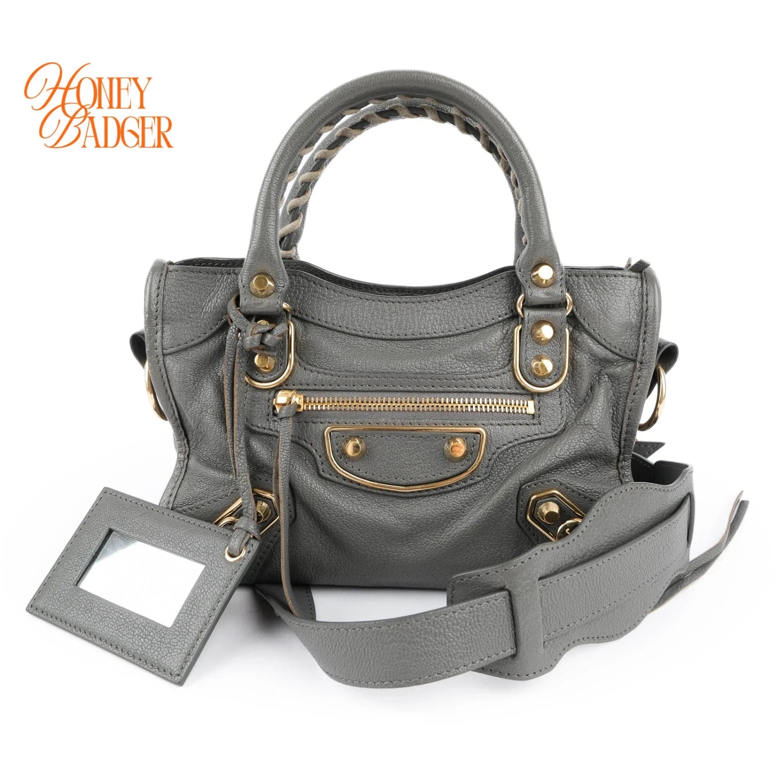 Balenciaga Classic Mini City Grey Leather 2WAY Handbag Gold Edge Studs 390160