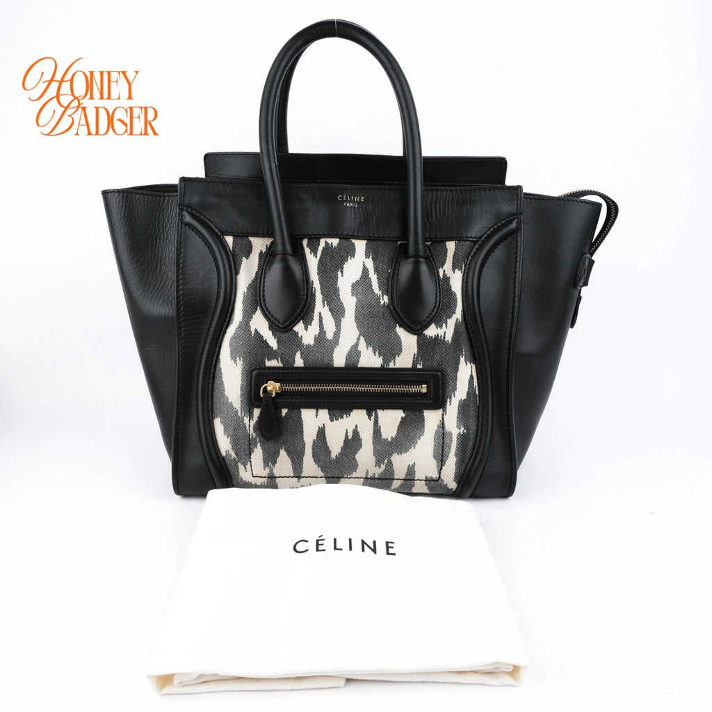 Celine Luggage Mini Shopper Leopard Print Canvas Black Calfskin Gold Hardware Rank AB