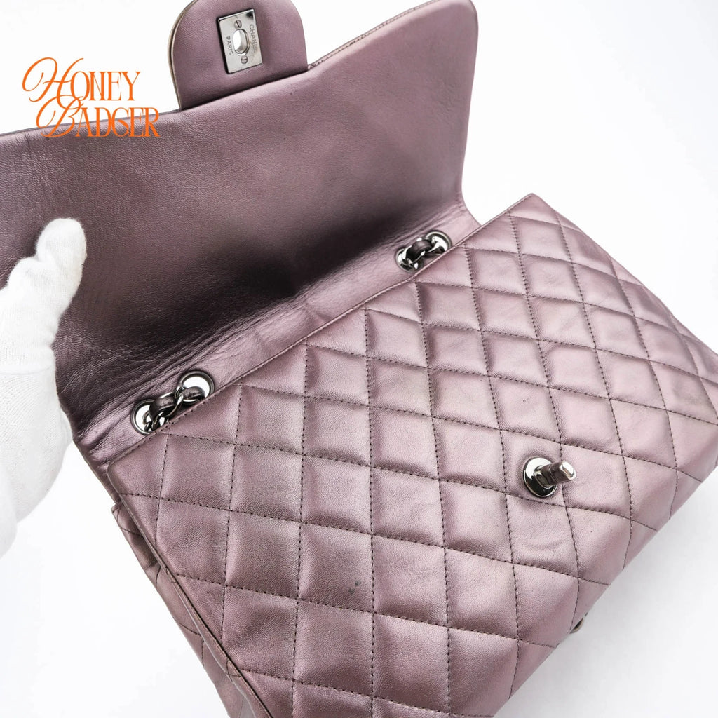 Chanel Classic Flap Jumbo Lambskin Metallic Grey Purple Rank AB