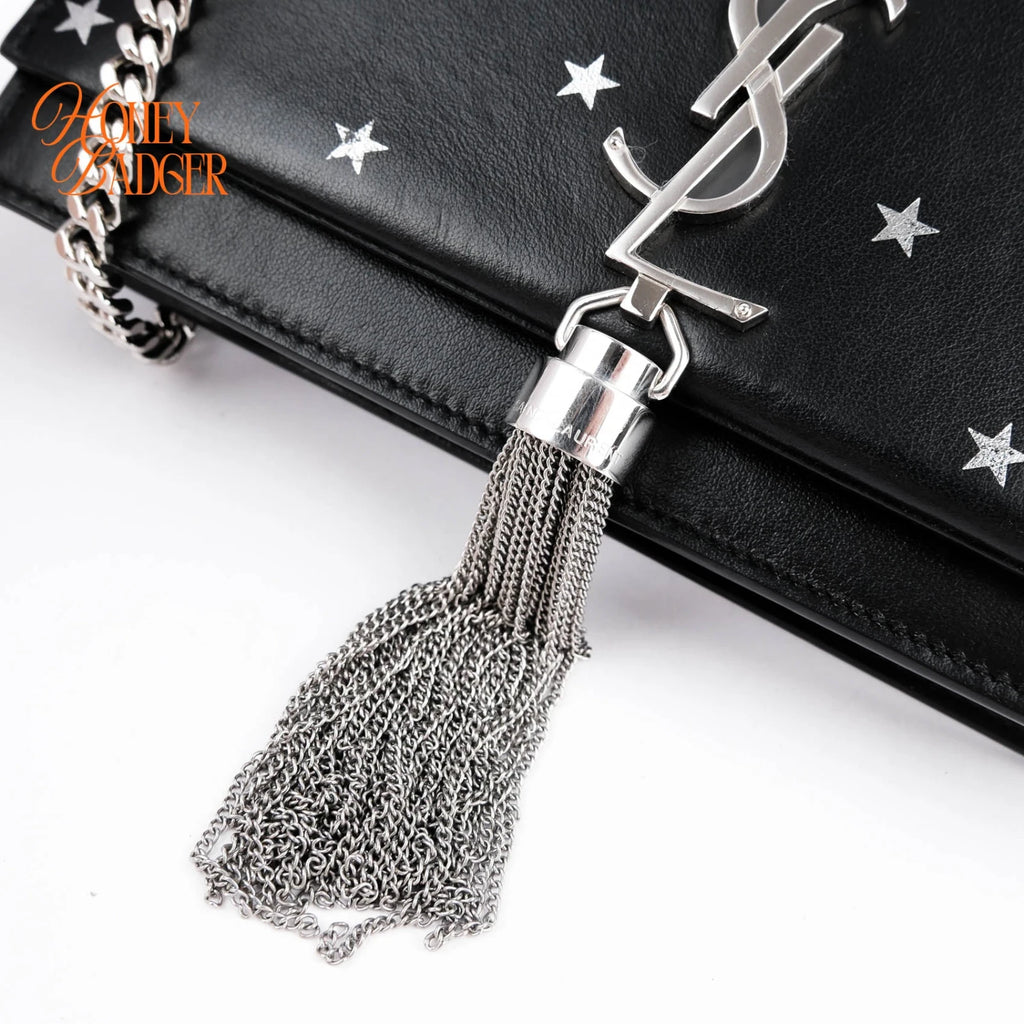 Saint Laurent Kate Small Tassel Chain Shoulder Bag Black Leather with Silver Star Print