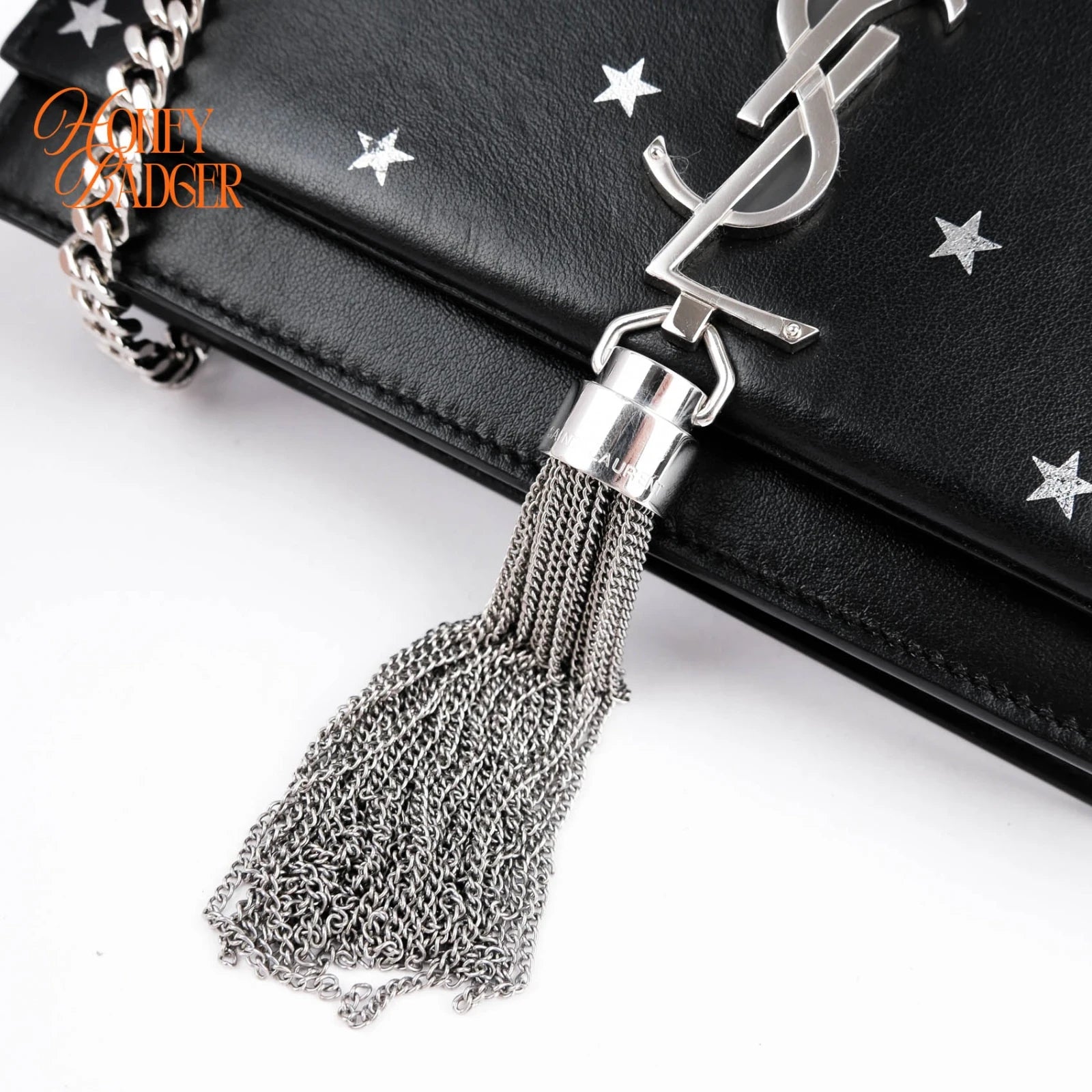Saint Laurent Kate Small Tassel Chain Shoulder Bag Black Leather with Silver Star Print