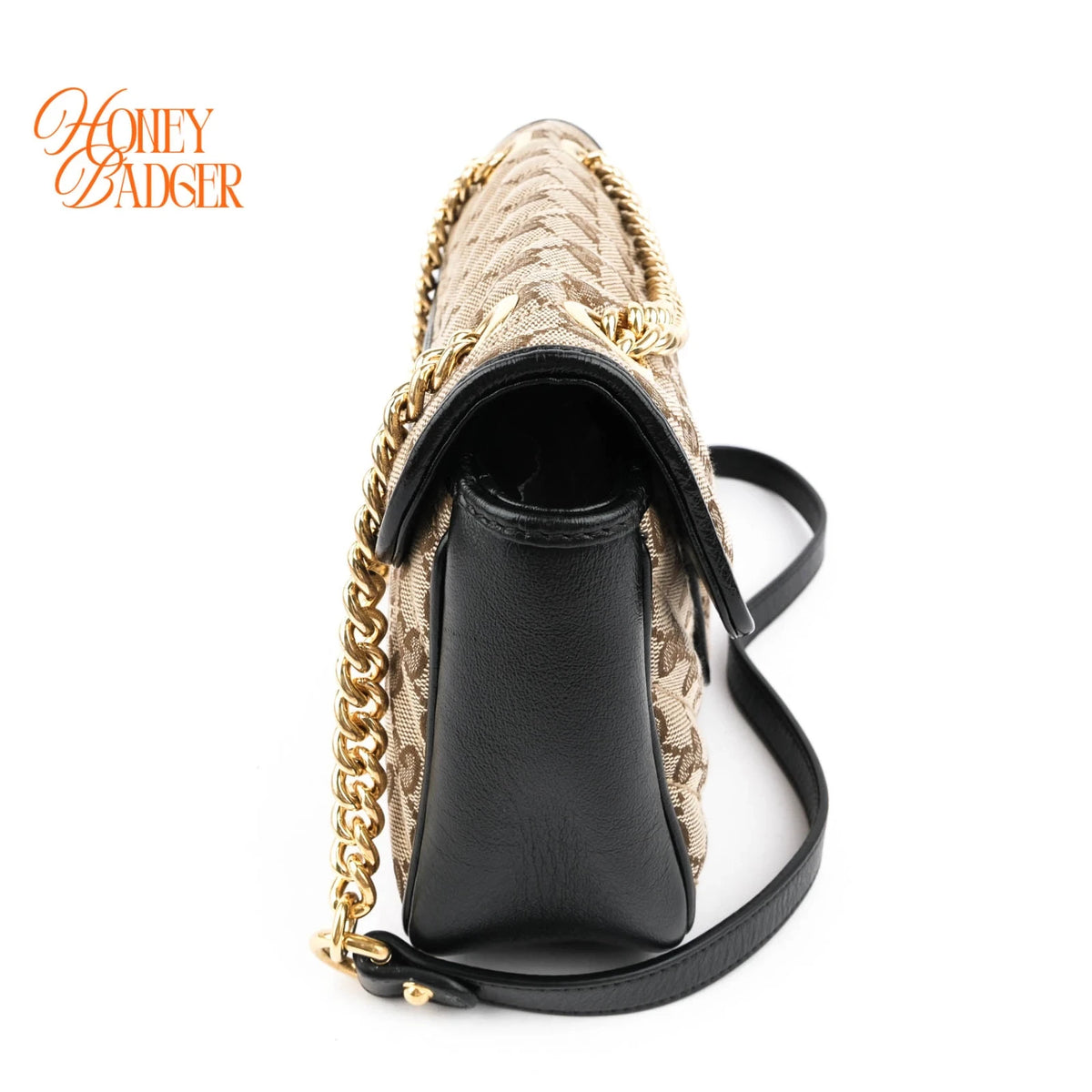 Gucci GG Marmont Small Shoulder Bag Original GG Canvas Beige/Ebony Black Leather Gold Hardware Rank A