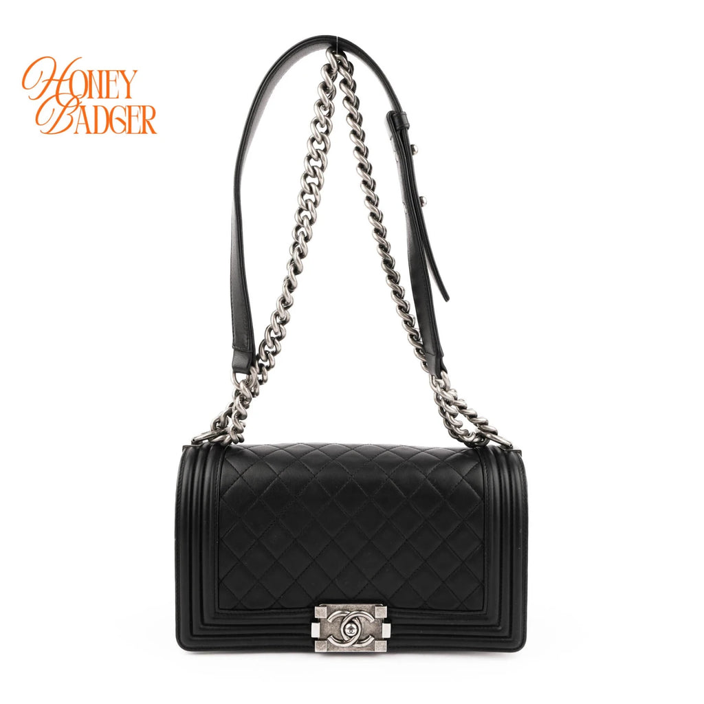 Chanel Boy Medium Calfskin Leather Black Antique Silver Hardware Rank A