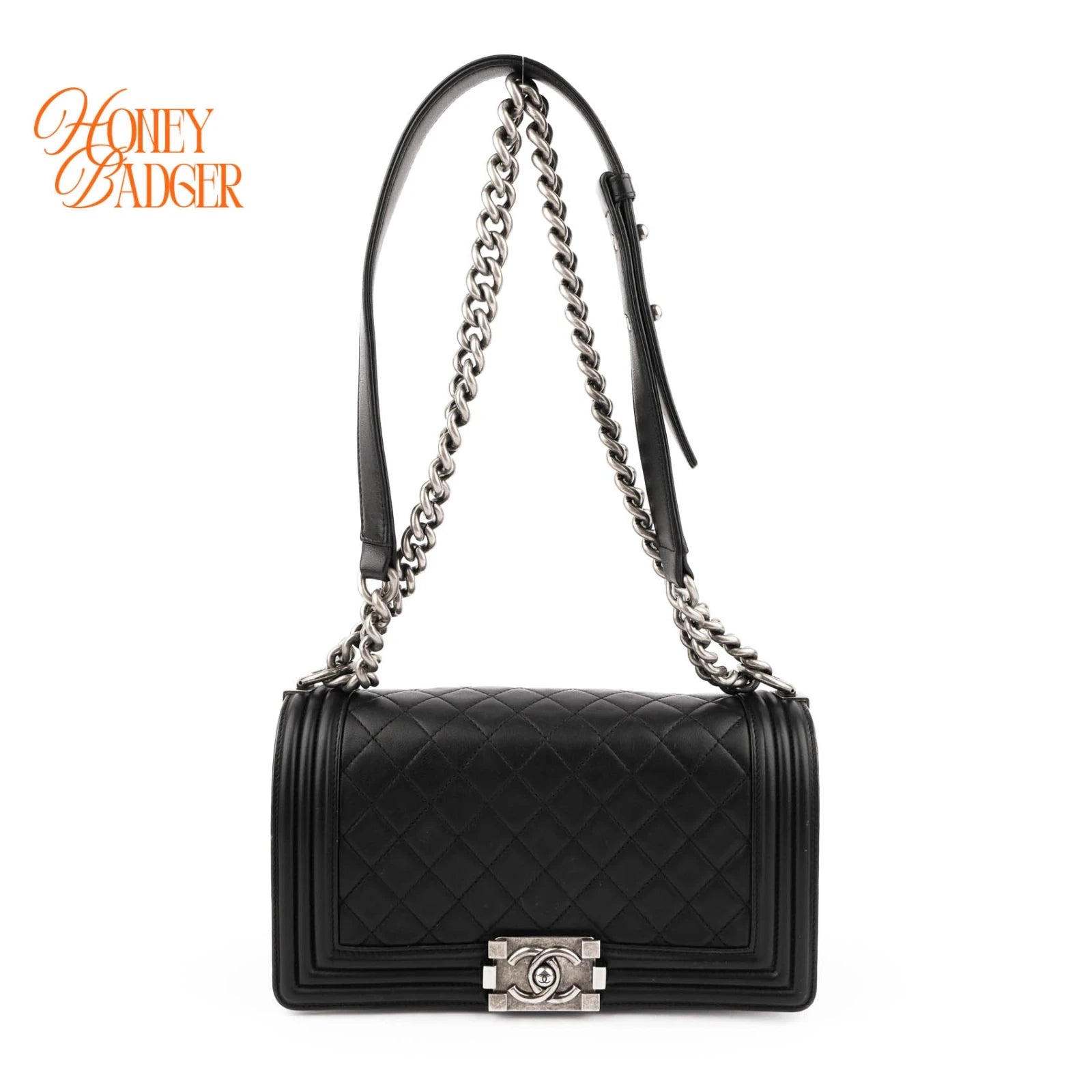 Chanel Boy Medium Calfskin Leather Black Antique Silver Hardware Rank A