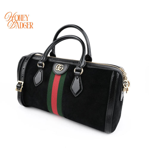 Gucci Boston Bag Large Black Suede Gold Hardware Rank A