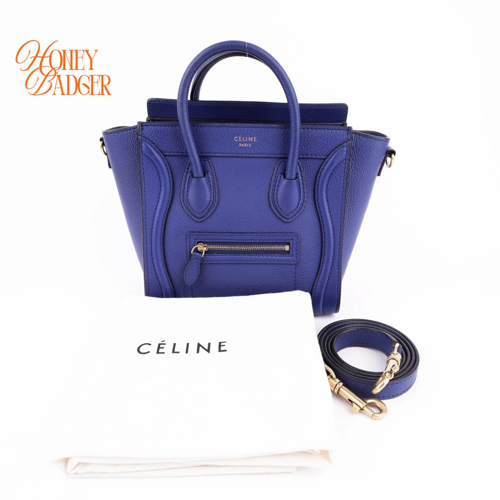 Celine Luggage Nano Drummed Calfskin Blue Rank A