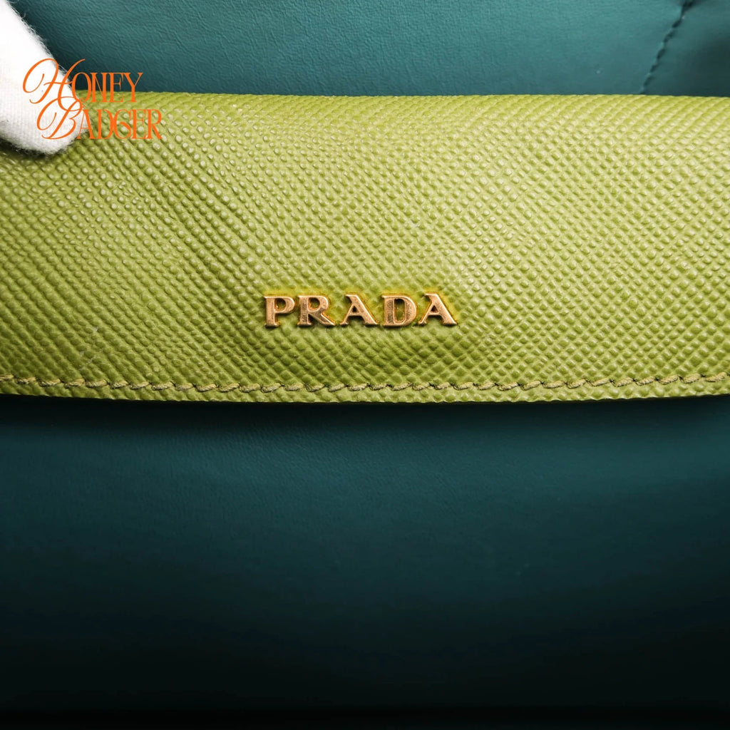 Prada Double Medium Saffiano Leather Green Gold Hardware Rank A