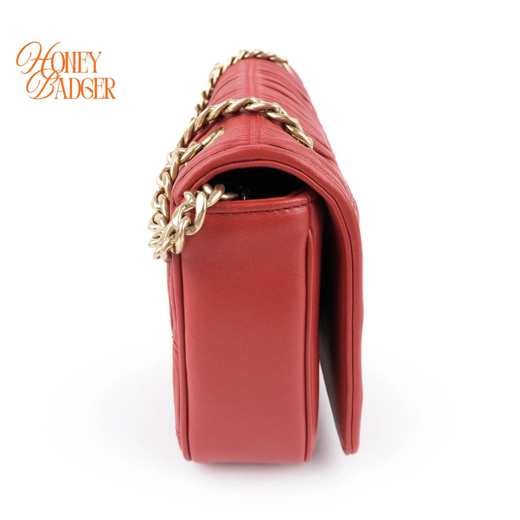 Prada Gauffre Ruched Leather Chain Flap Shoulder Bag Red Gold Hardware
