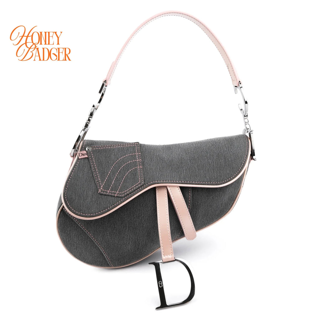 Dior Saddle Large Denim and Patent Leather Grey Pink Rank A