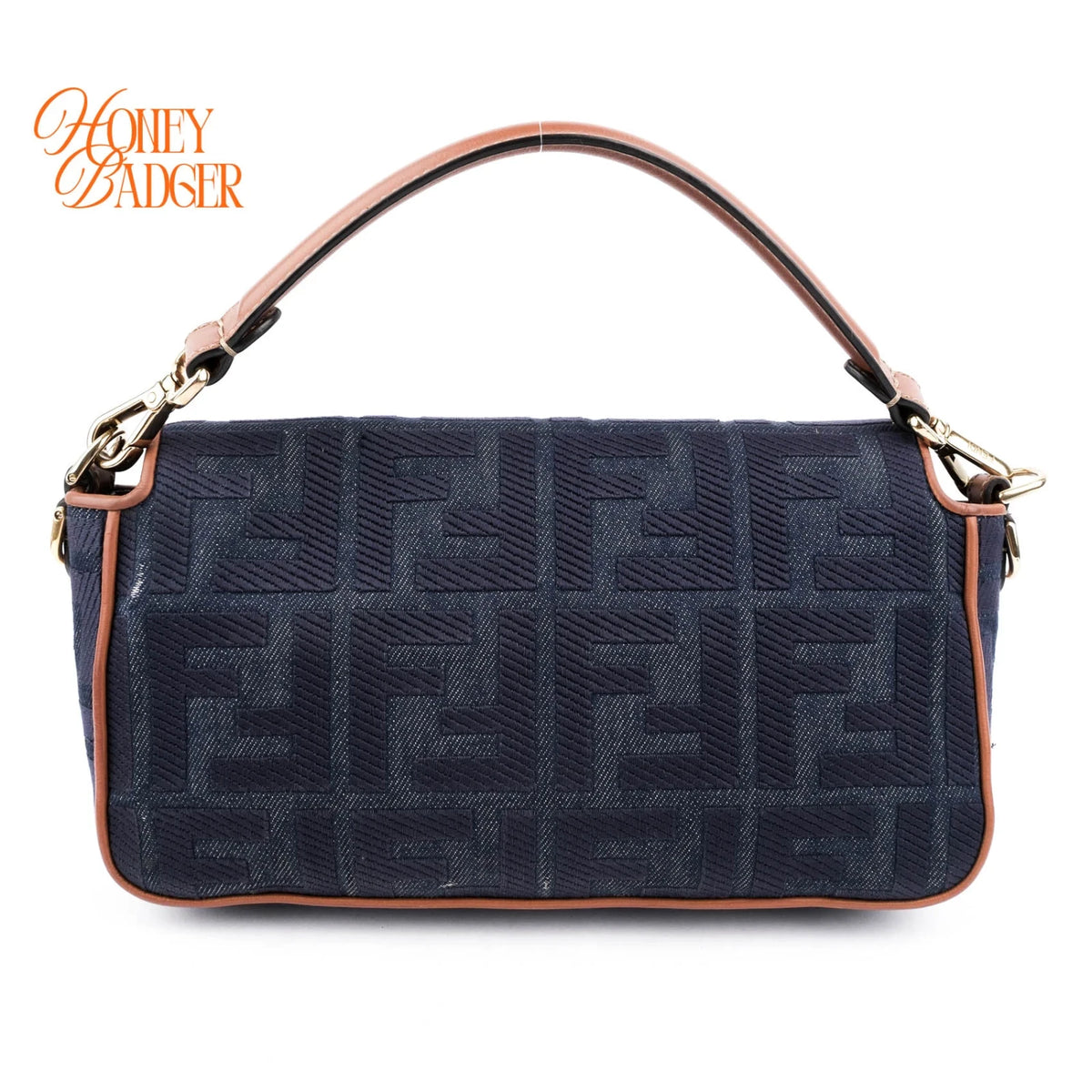 Fendi Baguette Medium FF Zucca Jacquard Canvas Navy Camel Gold Hardware Rank A