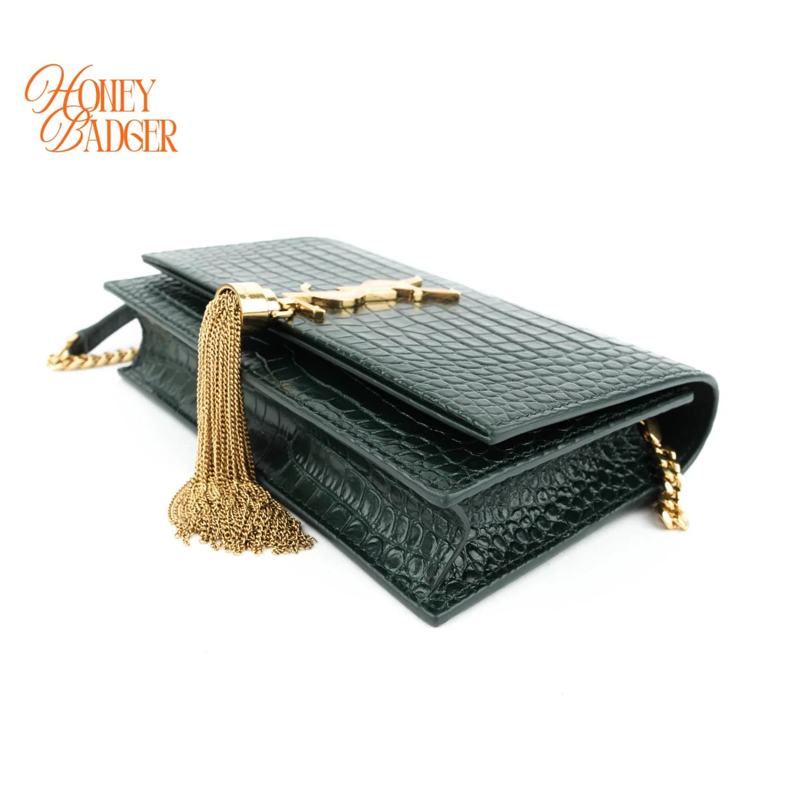 Saint Laurent Kate Tassel Small Croc-Embossed Leather Green Rank A