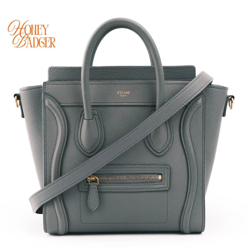 Celine Luggage Nano Drummed Calfskin Blue Grey Rank A