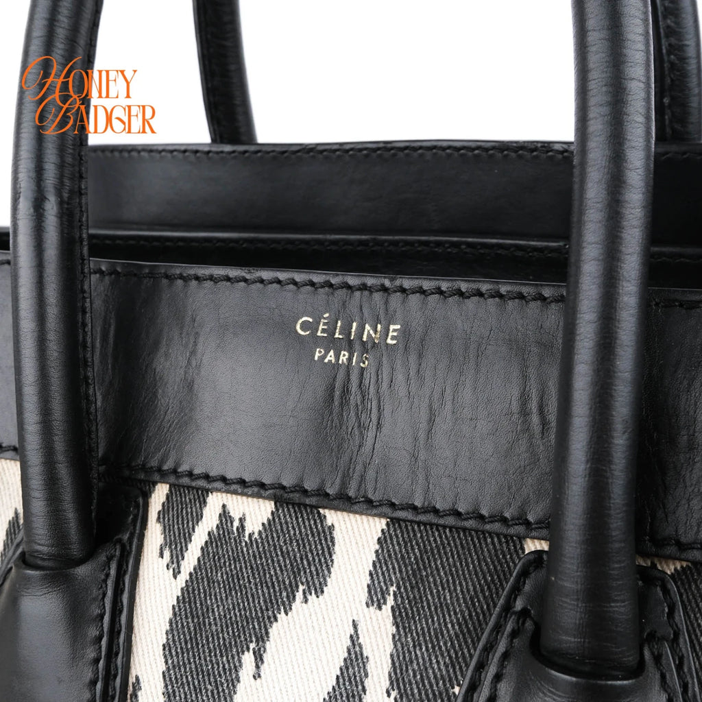 Celine Luggage Mini Shopper Leopard Print Canvas Black Calfskin Gold Hardware Rank AB