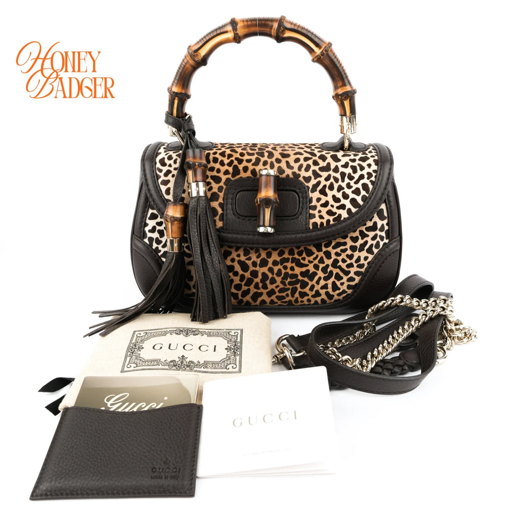 Gucci Bamboo Leopard Calf Hair 2WAY Handbag Rank A